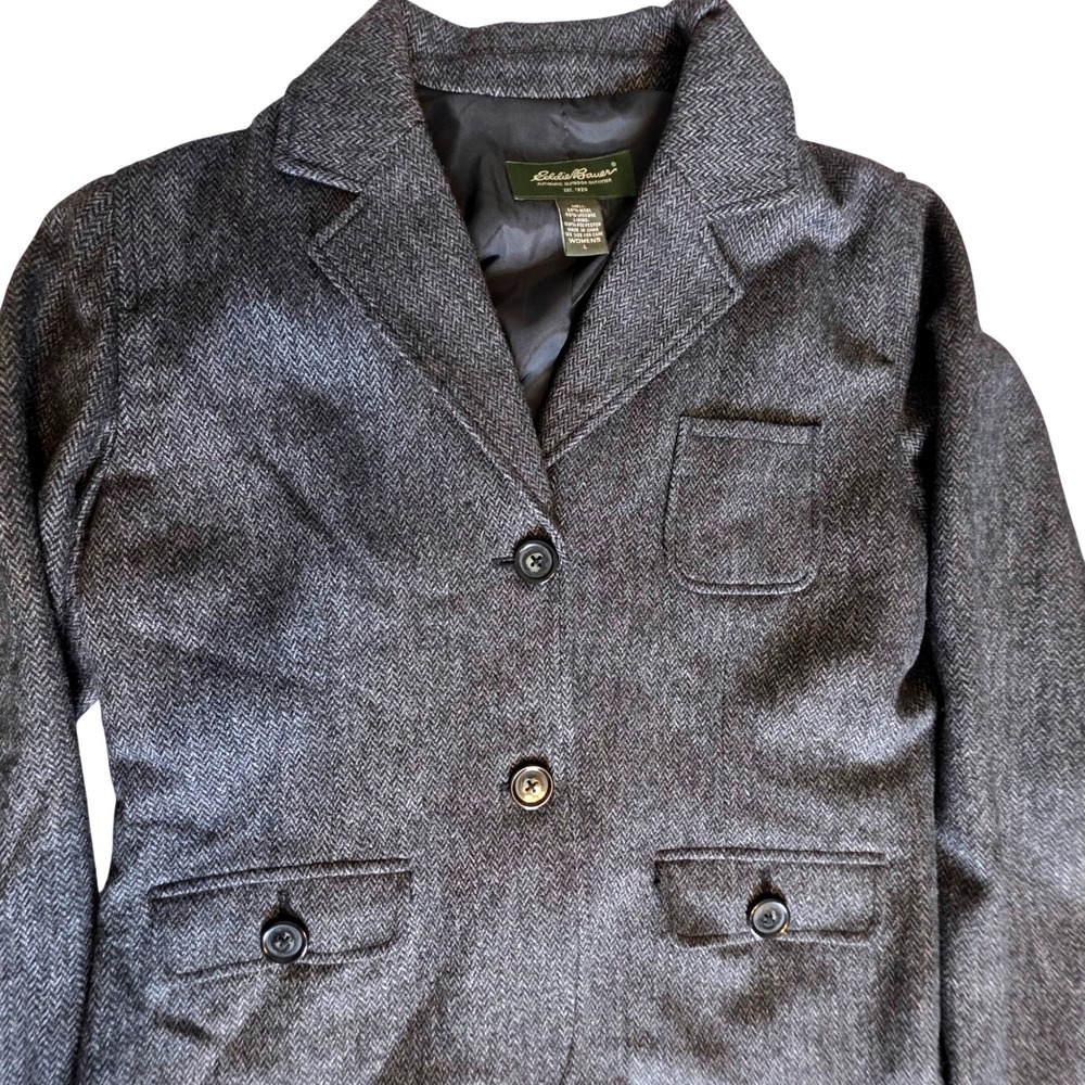 Eddie Bauer Wmns Wool Herringbone Blazer Jacket Charcoal Grey 3Buttn L Patch Pkt